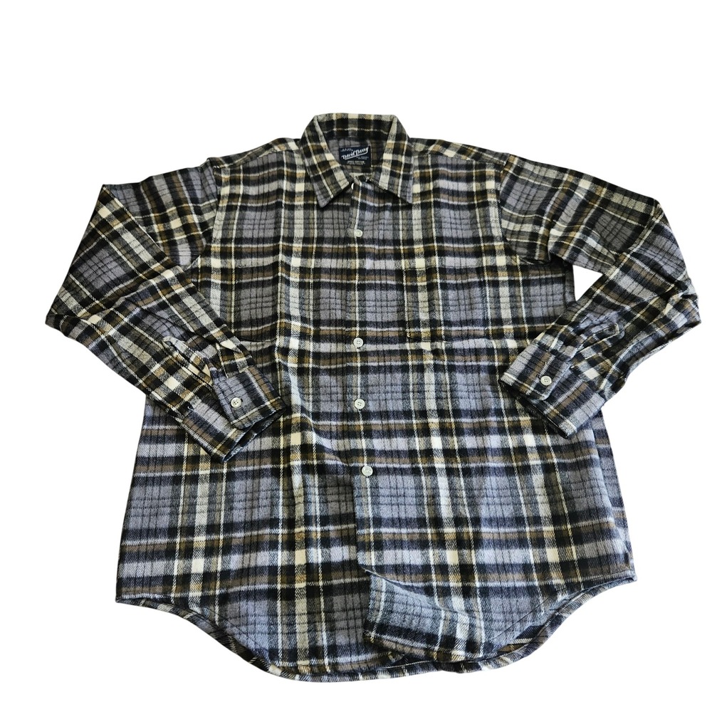 David Barry Vintage Flannel Shirt Mens Large Grey Plaid Cotton Made in USA Tail